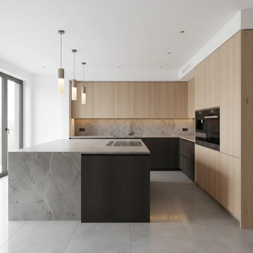 cozinha em formato L com ilha central moderna