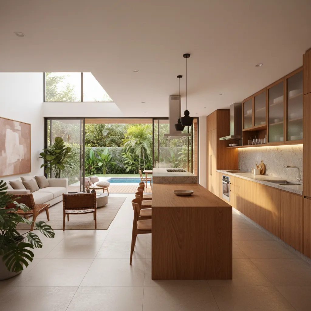 cozinha com ilha integrada à sala em casa térrea moderna
