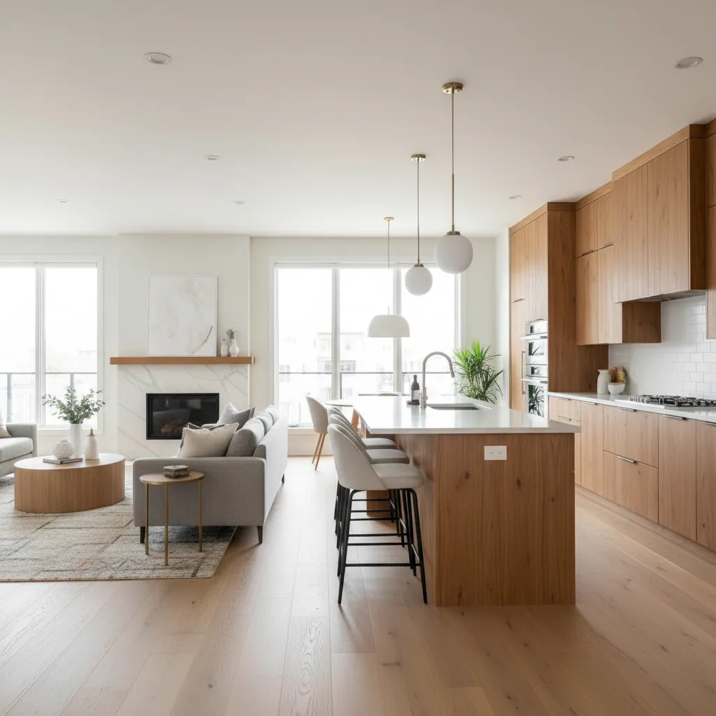 cozinha integrada à sala com ilha central e banquetas