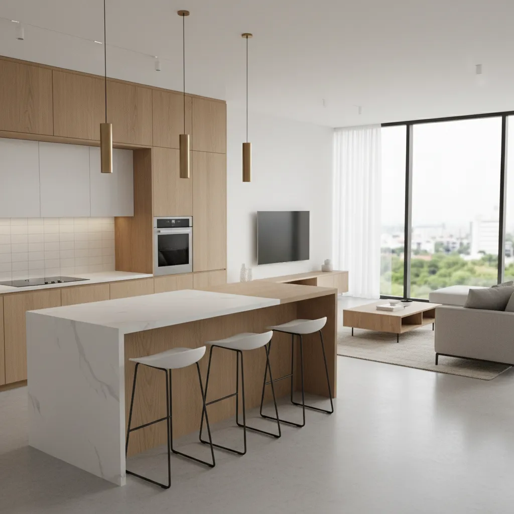 cozinha moderna integrada com ilha central e sala ao fundo