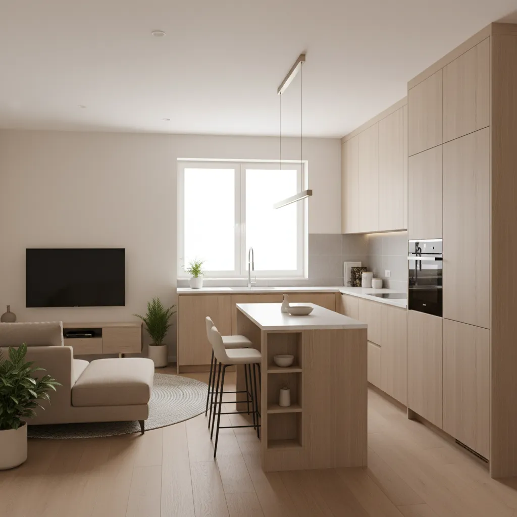 cozinha pequena integrada com sala em casa compacta