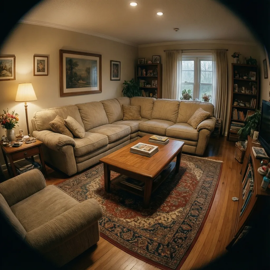 1990s living room with beige tones and overstuffed sofa