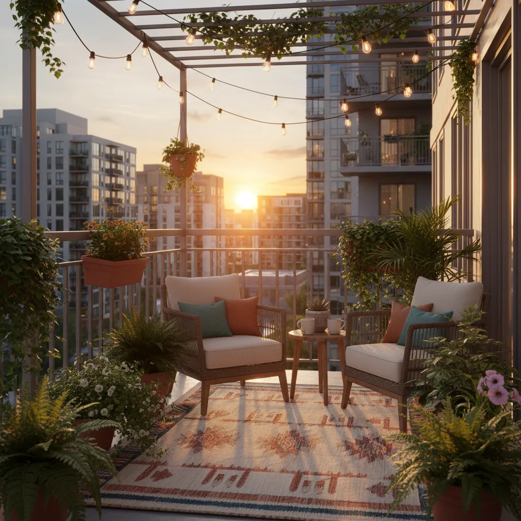 Apartment balcony with outdoor rug warm lighting and seating