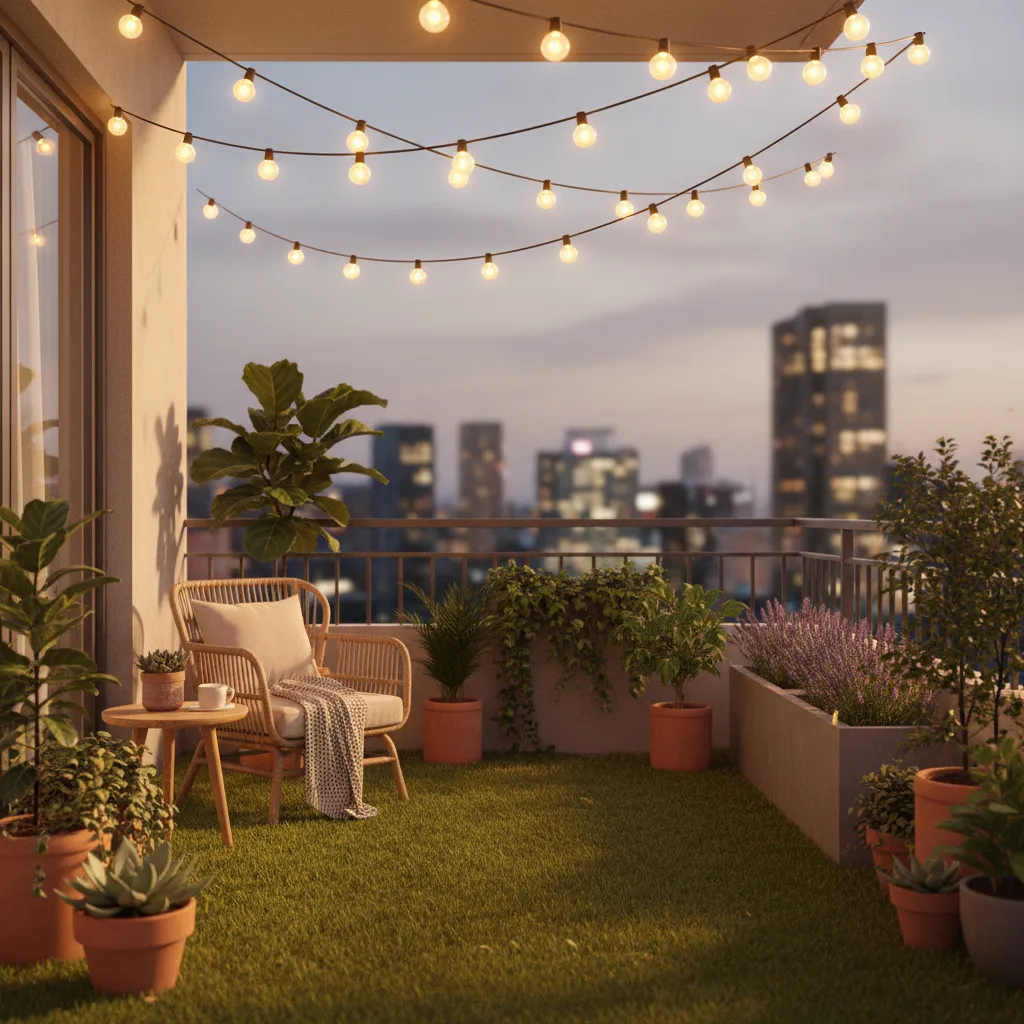 cozy balcony seating area with artificial grass floor and warm lighting
