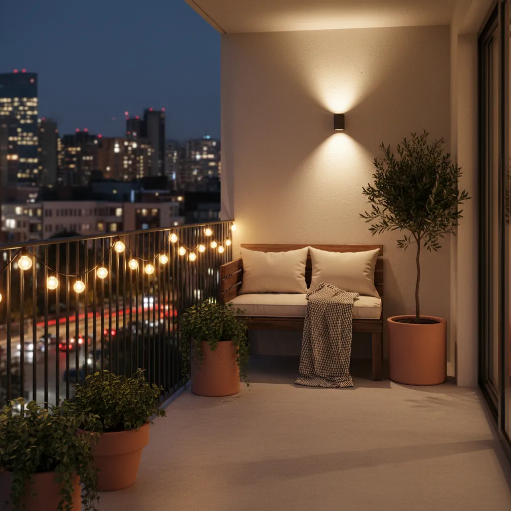 Small balcony with warm string lights and cozy seating