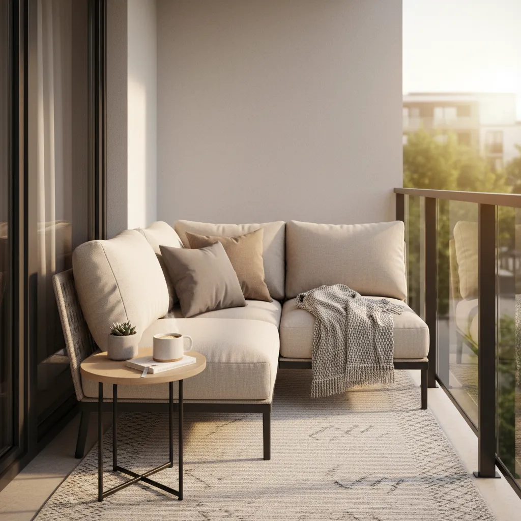 Cozy balcony seating area with small loveseat and cushions