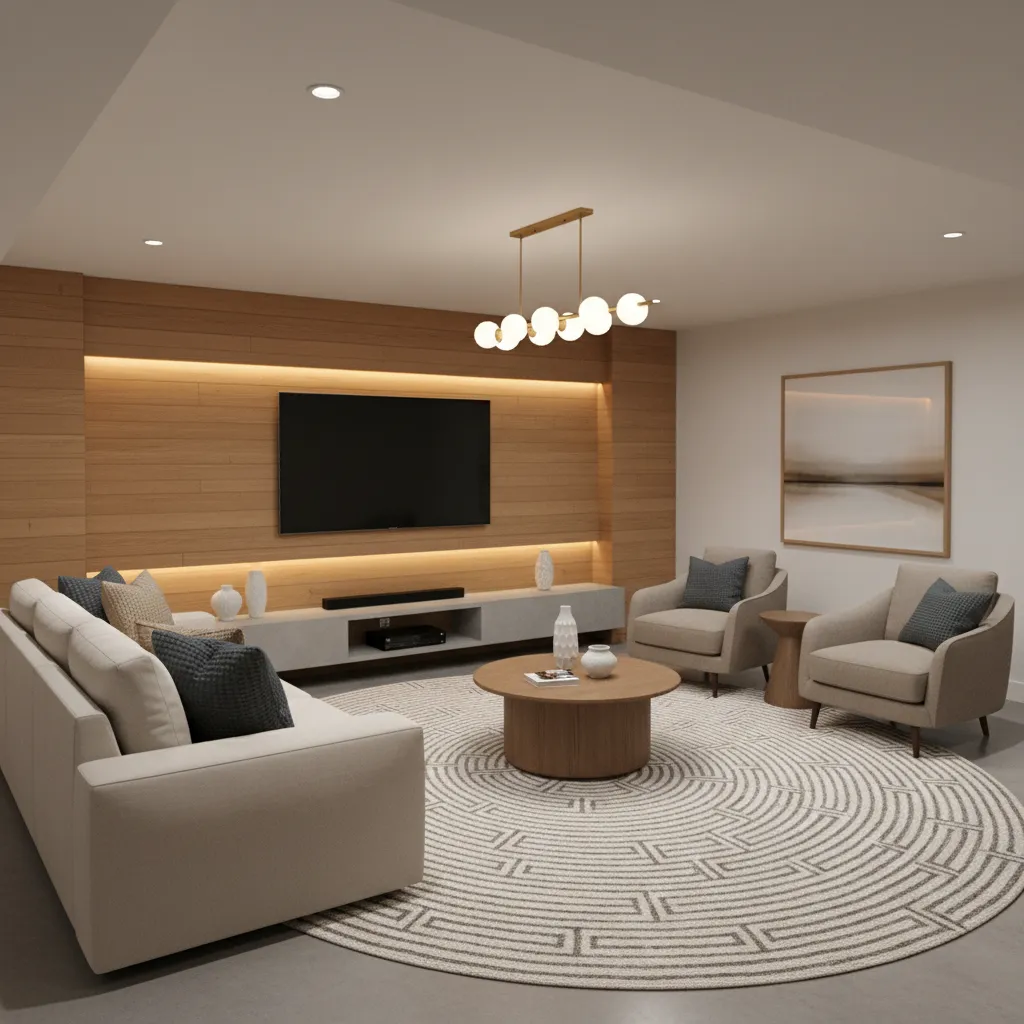 Modern living room with wood wall panel cream sofa grey chairs and round patterned rug