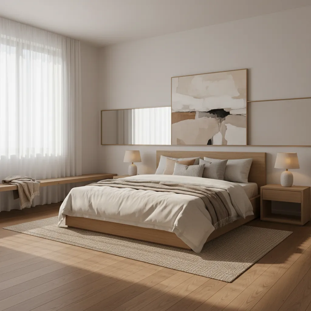 Phòng ngủ ấm cúng với bố cục giường trung tâm và ánh sáng tự nhiên