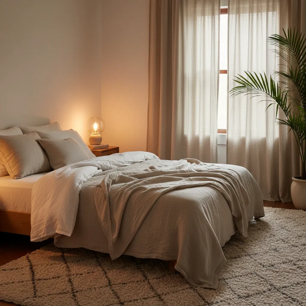 Cozy bedroom with soft textiles warm lighting and neutral bedding