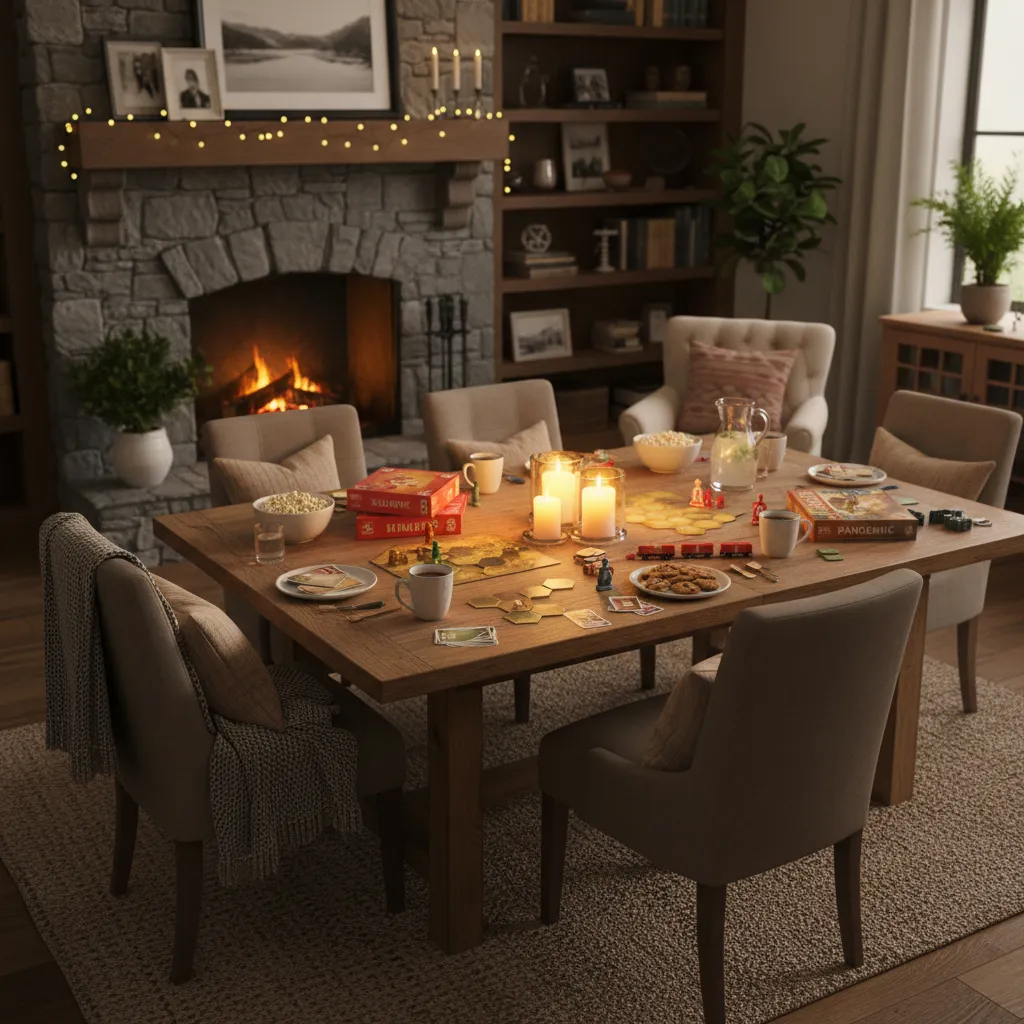 Cozy board game night table with candles snacks and organized board games