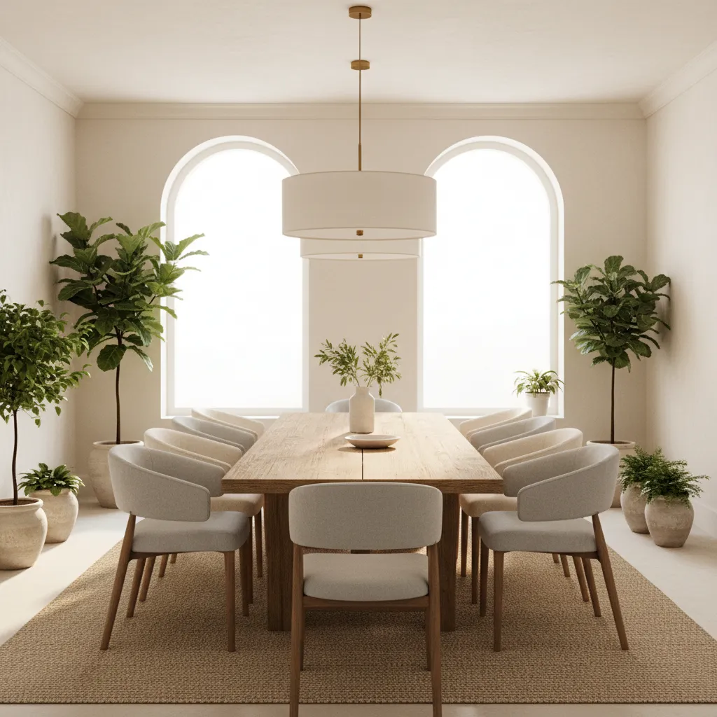 Cozy boutique guest house dining room with communal table and natural lighting