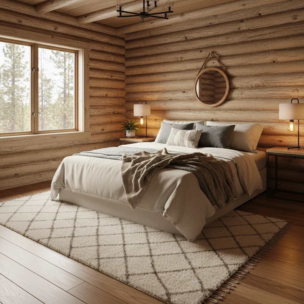 warm rustic cabin bedroom with wooden walls and cozy bedding