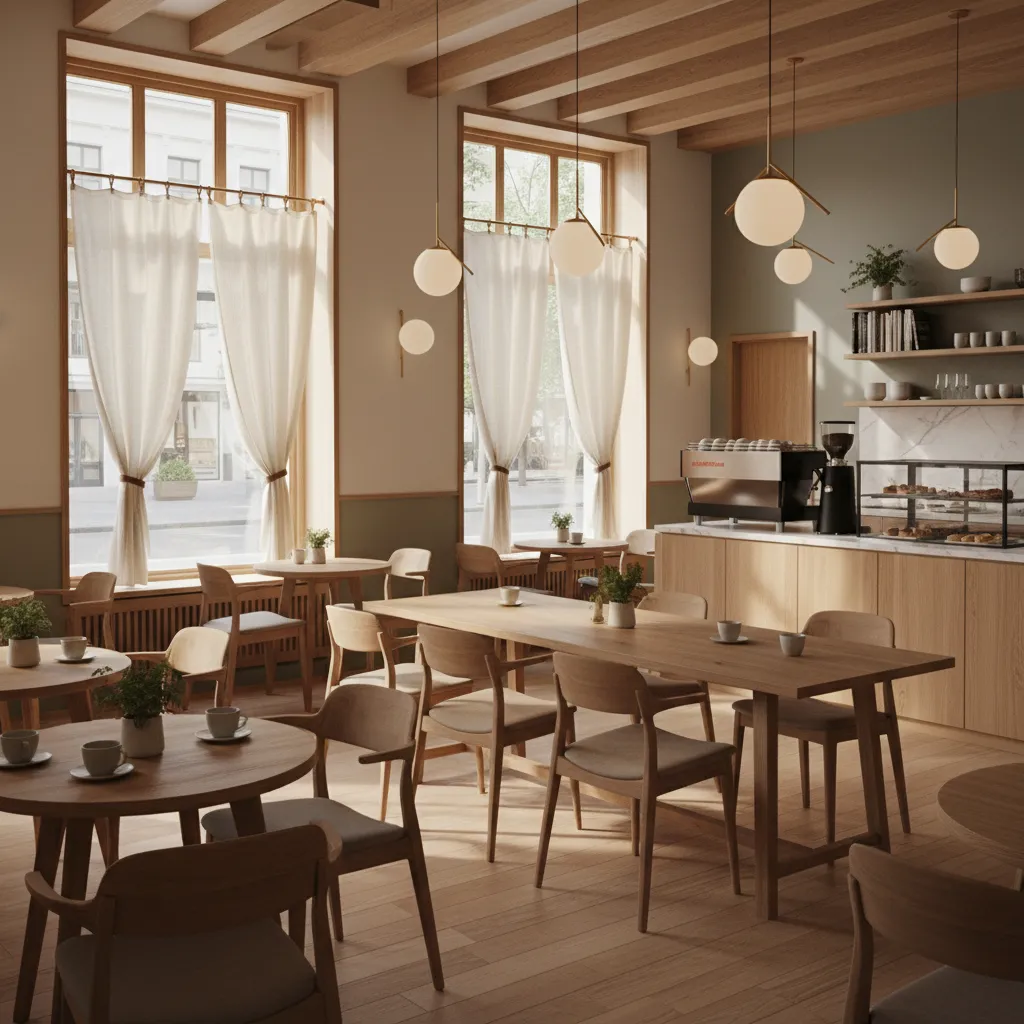 Bright cafe interior with half height curtains and wooden tables