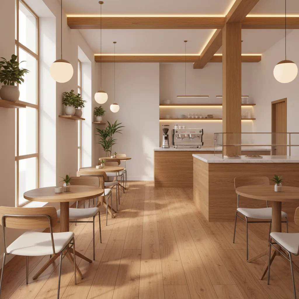 Small neighborhood cafe with several round tables arranged closely but comfortably