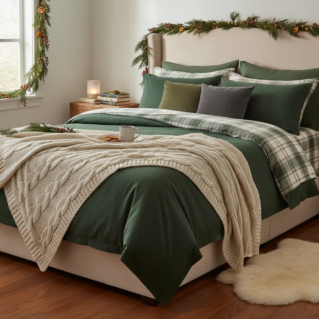bed with chunky knit blanket velvet pillows and flannel bedding for christmas