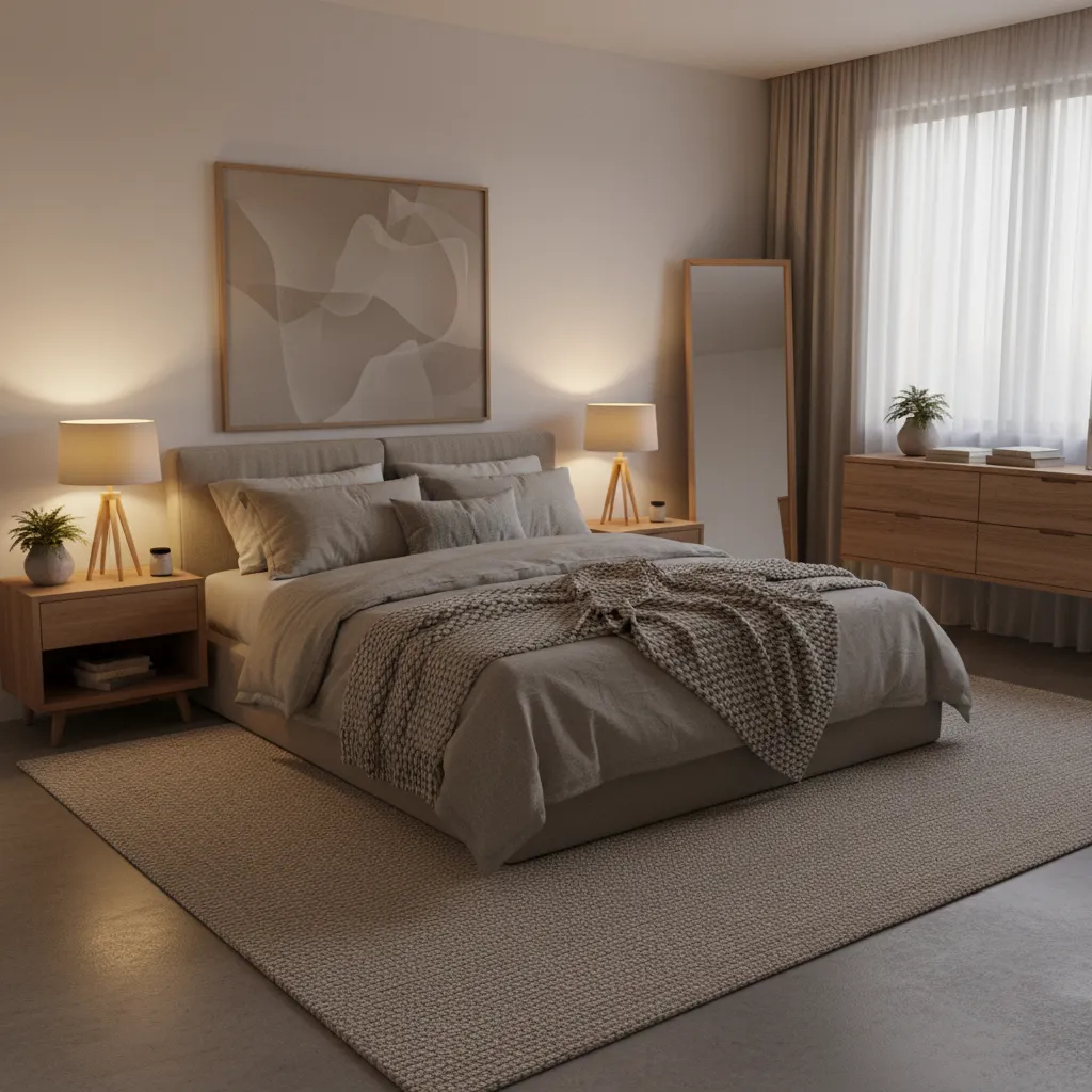 Warm cozy couple bedroom with soft lighting and neutral bedding