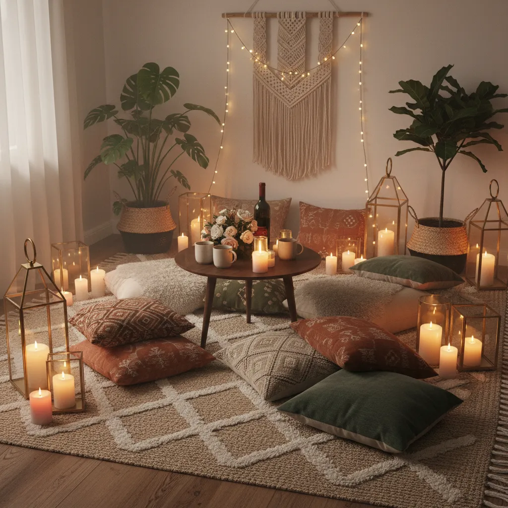 cozy floor seating anniversary setup with candles and pillows
