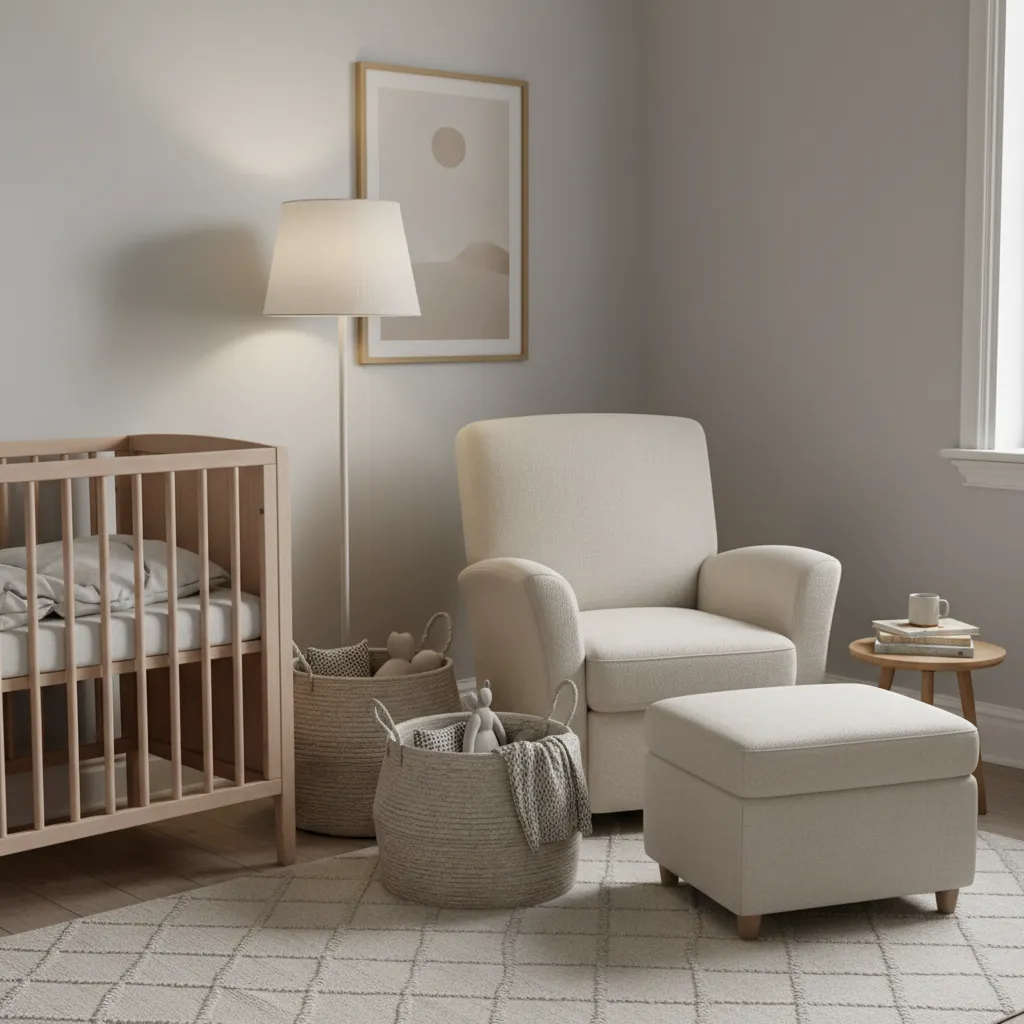 cozy nursery corner with nursing chair woven baskets and soft lighting