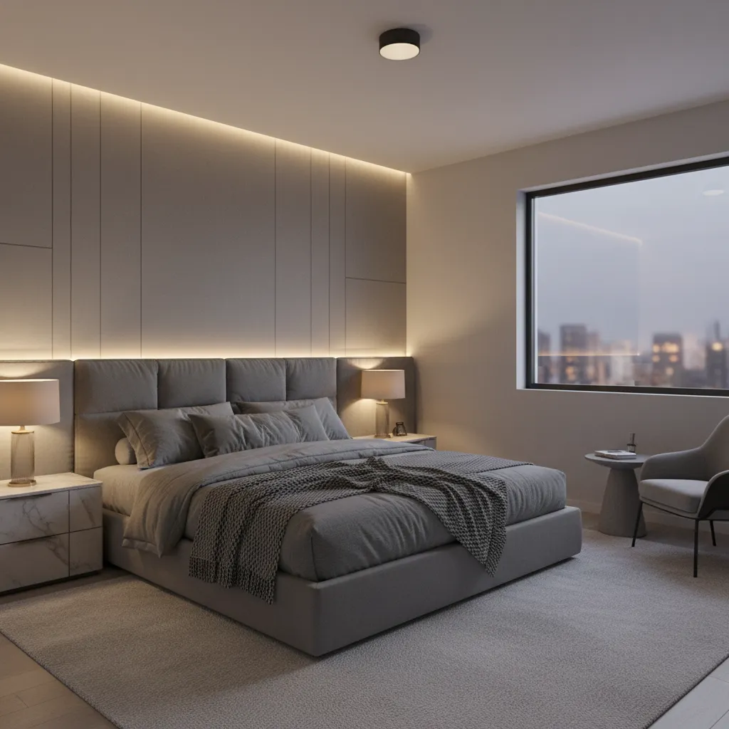 Cozy grey bedroom with layered warm lighting