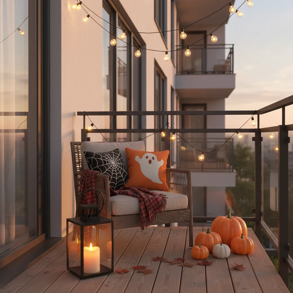 Cozy balcony chair with Halloween pillows blanket lantern and pumpkins