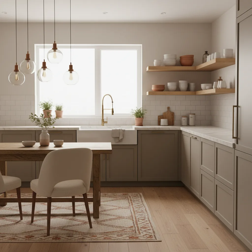 Cozy home kitchen with cafe-style lighting and small dining nook