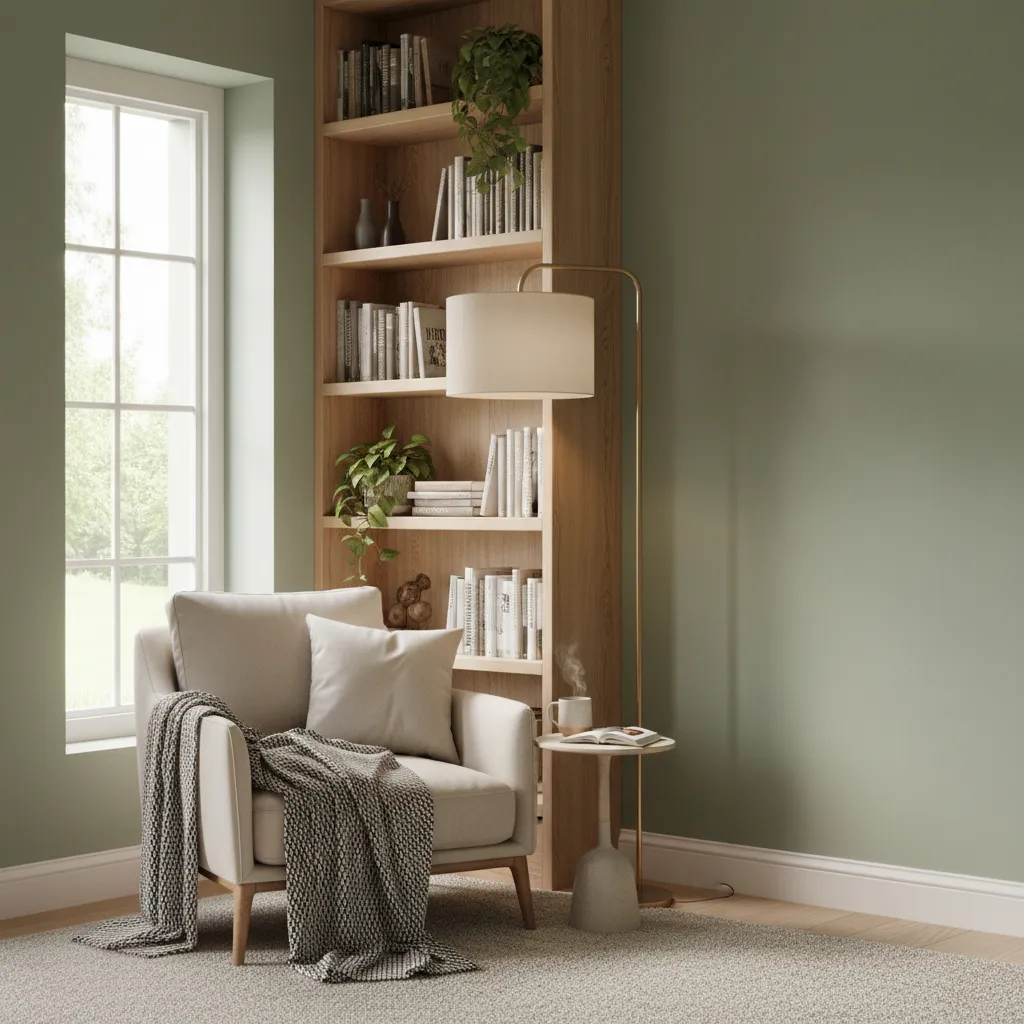 Góc đọc sách tại nhà với ghế bành và kệ sách cạnh cửa sổ