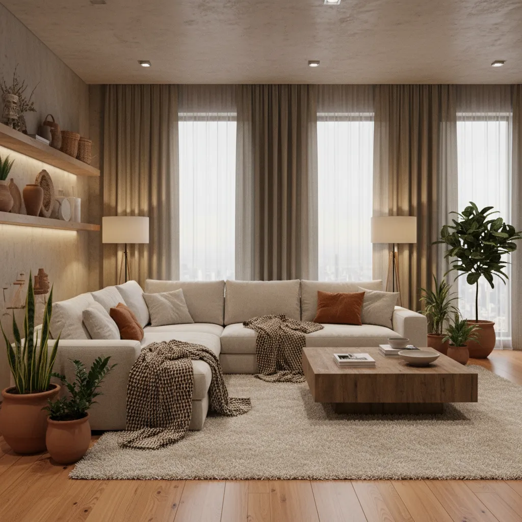 Large cozy living room with layered textures rugs curtains and warm lighting