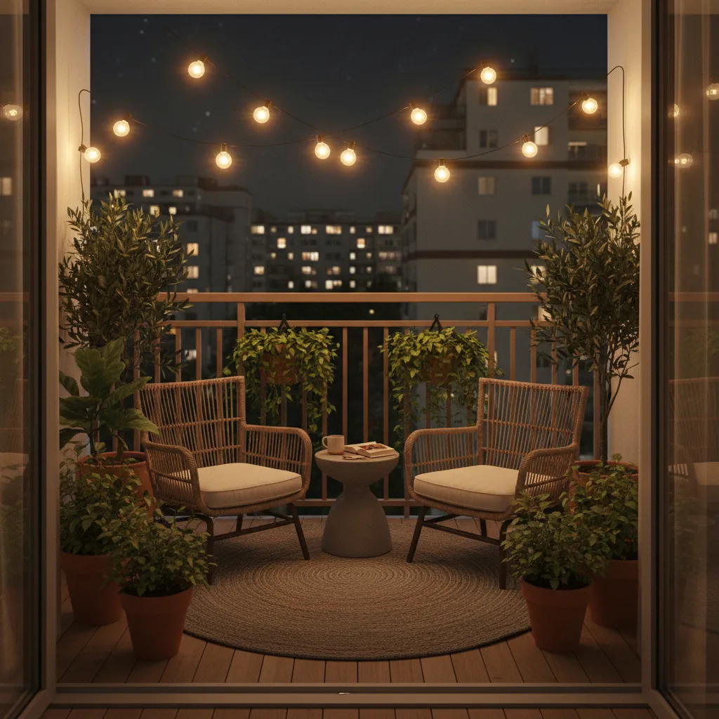 Small balcony with warm string lights and cozy evening seating