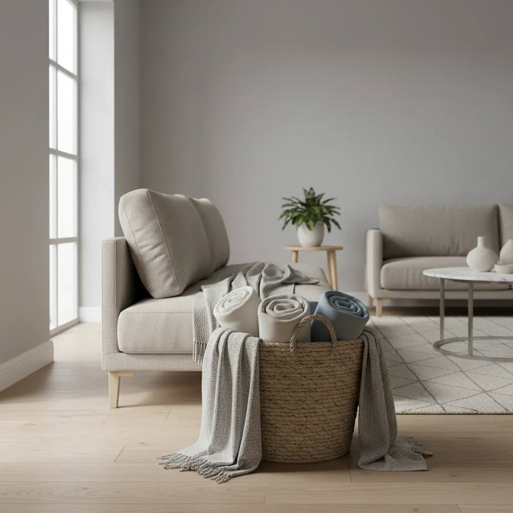 Cozy living room with woven basket storing folded throw blankets beside sofa