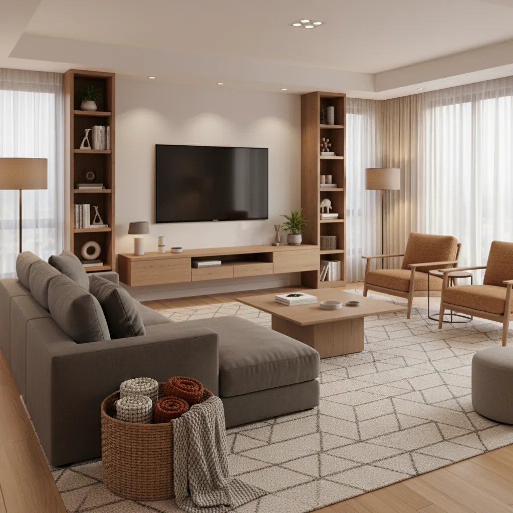 cozy living room layout with basket blanket storage beside sectional sofa