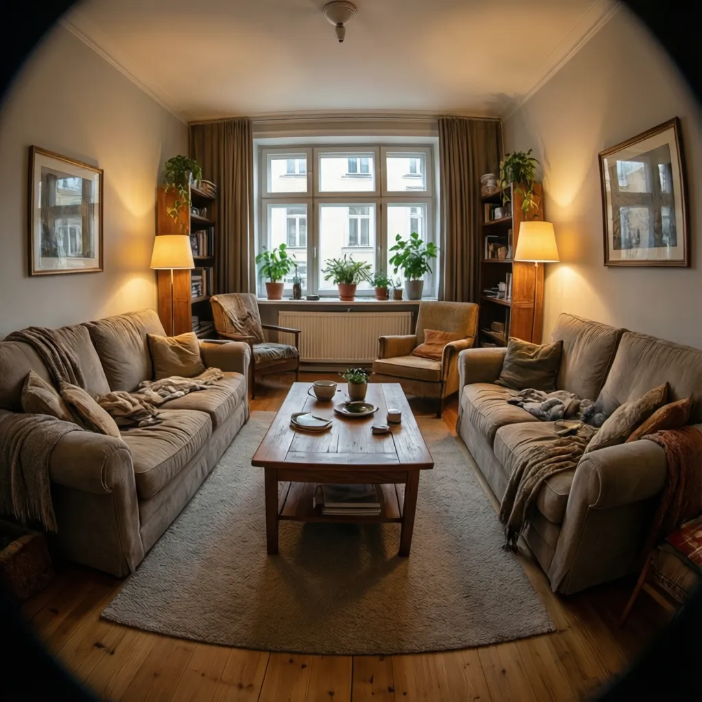 Warm living room layout with two beige sofas facing each other and a wooden table
