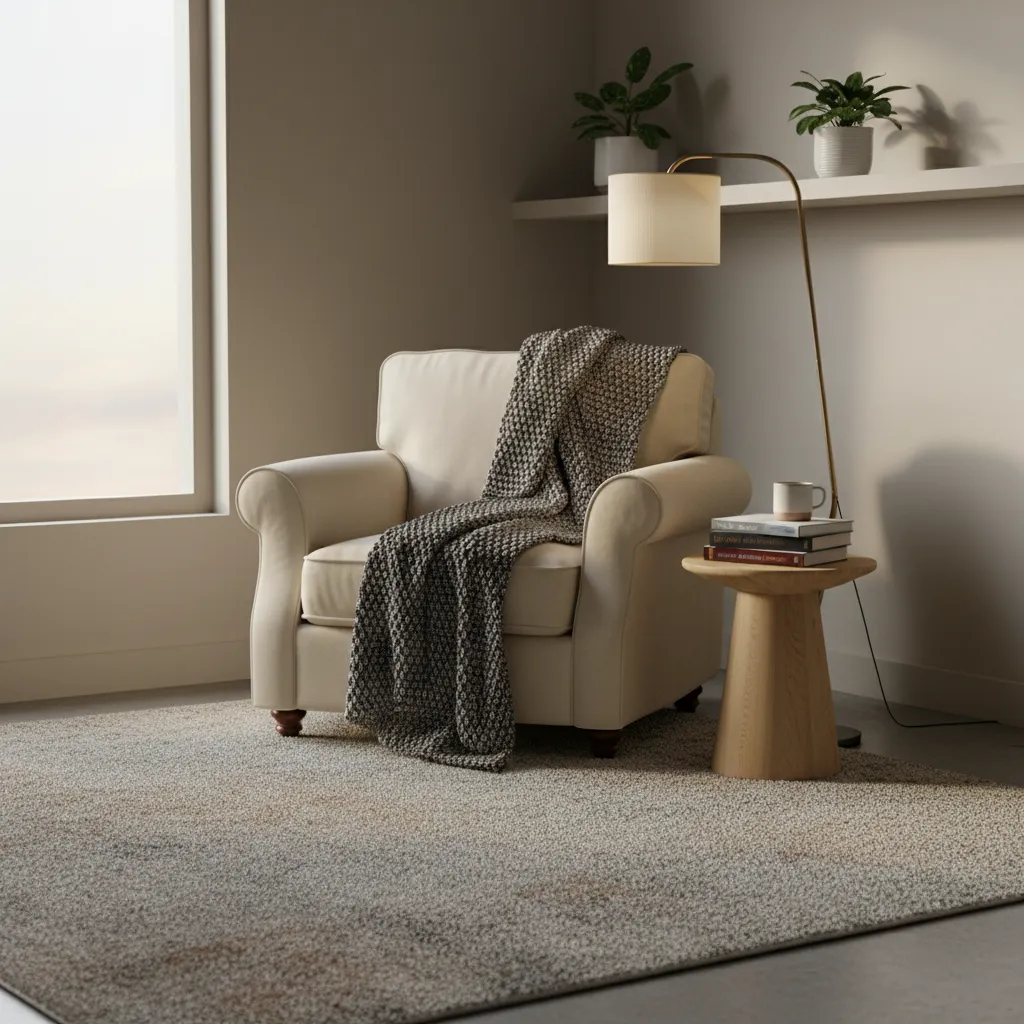 cozy reading nook in living room corner with chair lamp and throw