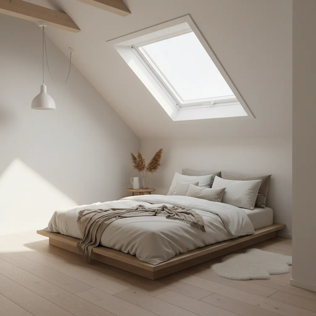 cozy loft bedroom with skylight and neutral decor