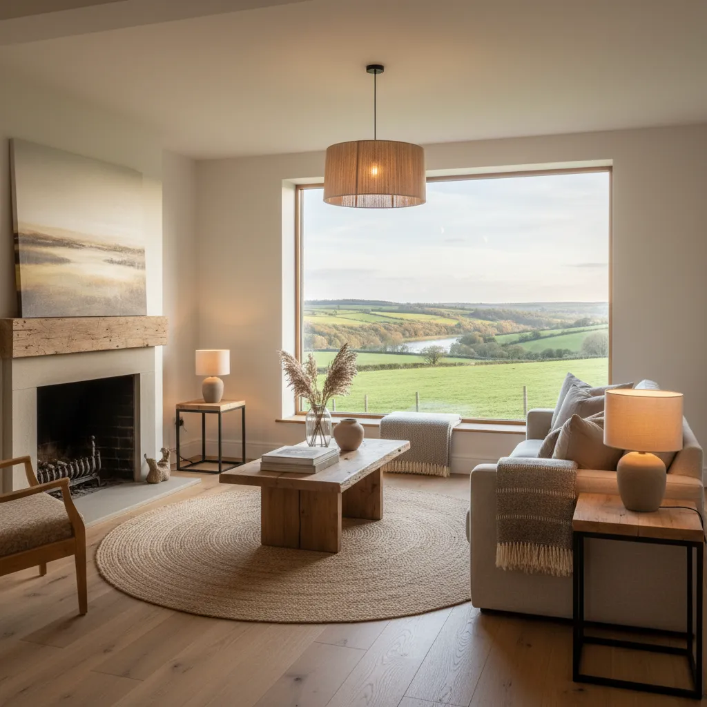 Salón acogedor en casa de campo moderna con madera y luz cálida