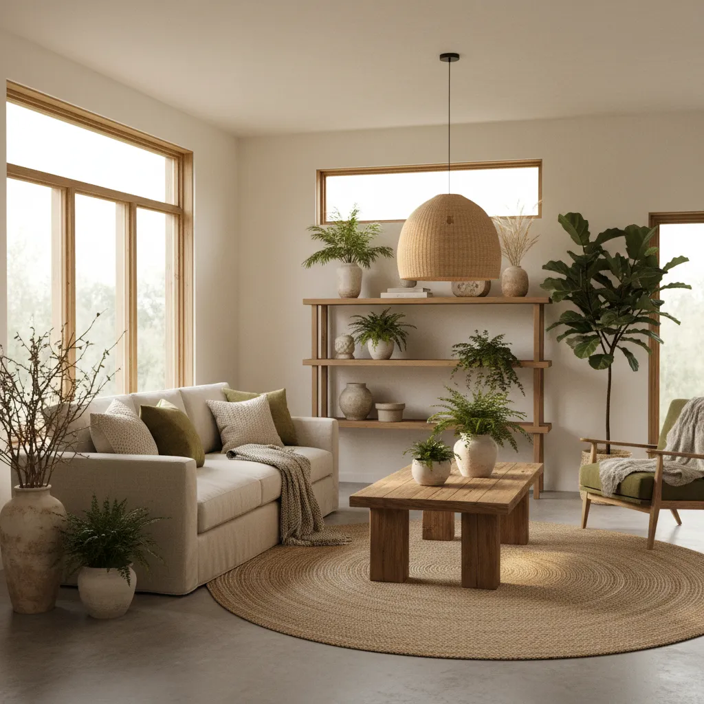 Sala acogedora con muebles de madera y textiles naturales