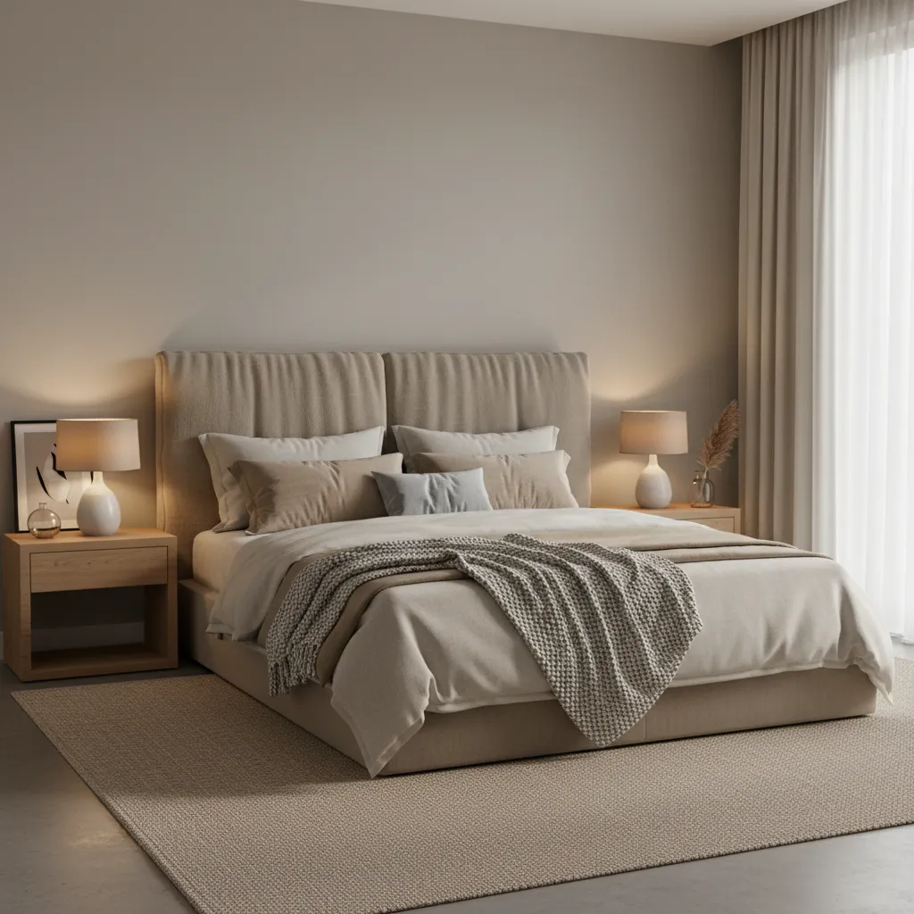 Cozy romantic bedroom with soft lighting and upholstered headboard