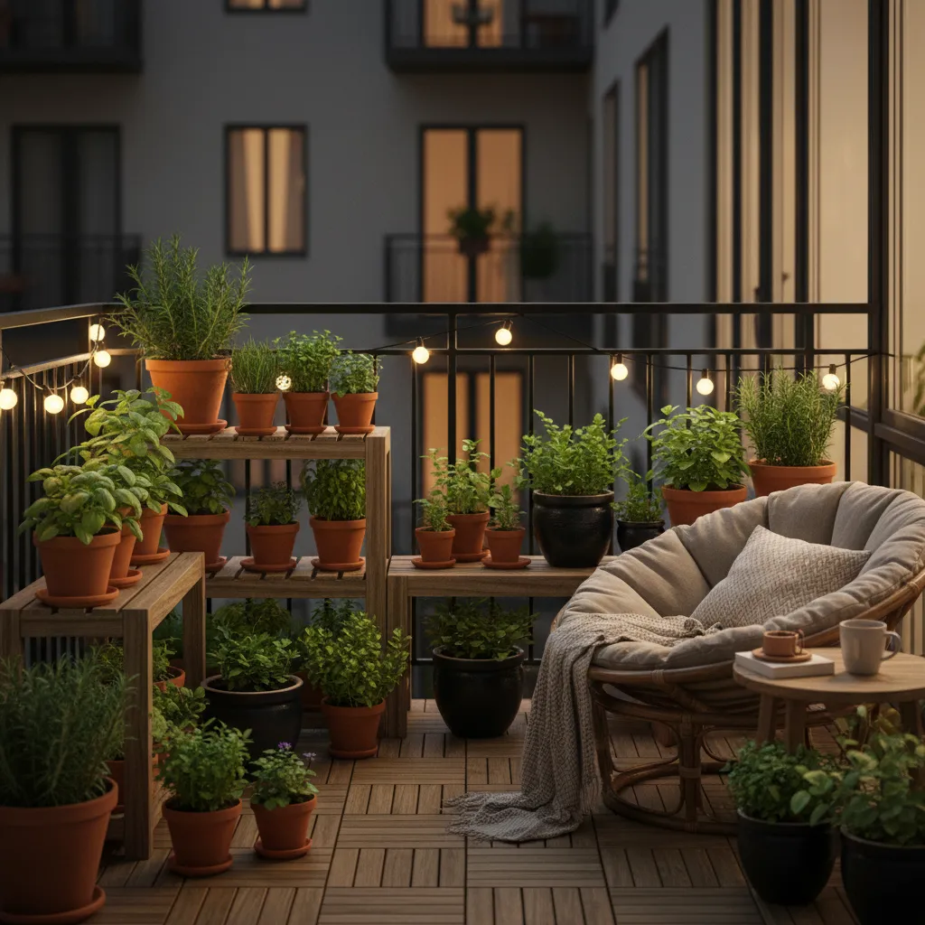 small balcony garden at night with warm string lights
