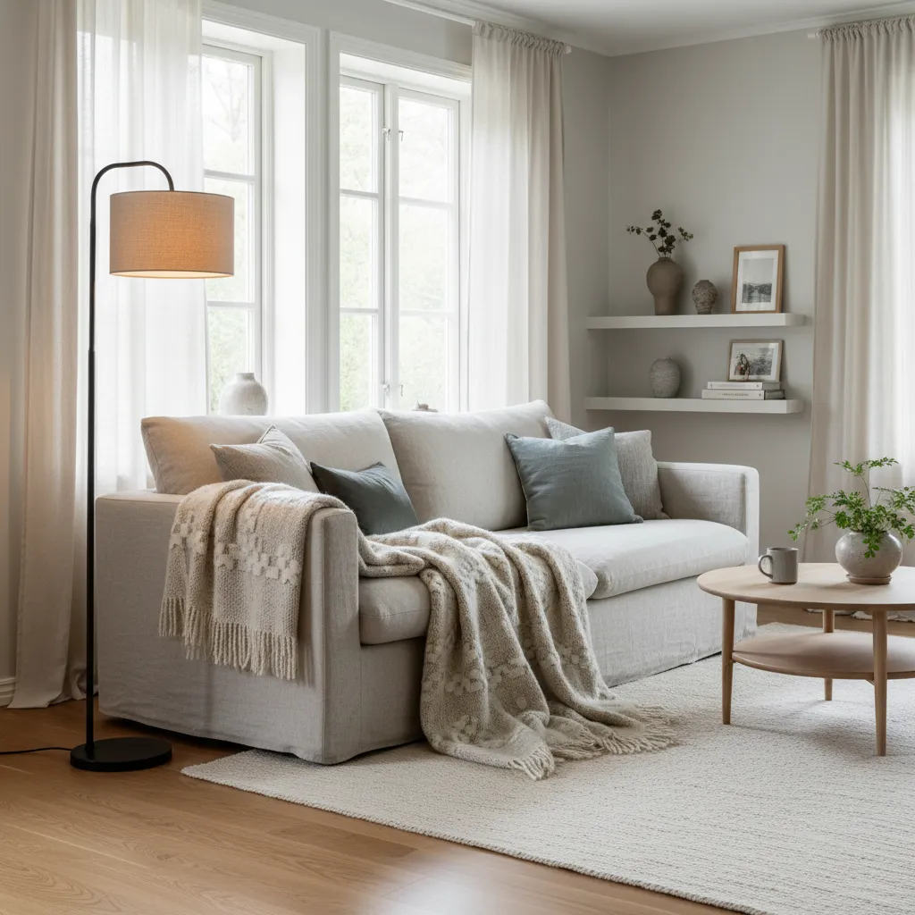 Salón nórdico acogedor con manta de lana, alfombra clara y lámpara cálida