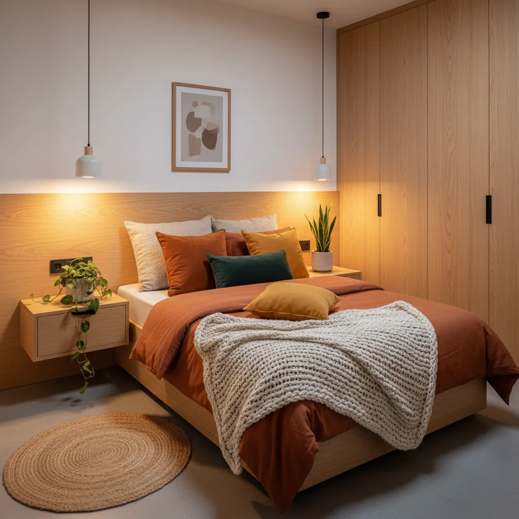Dormitorio pequeño decorado con personalidad y textiles cálidos