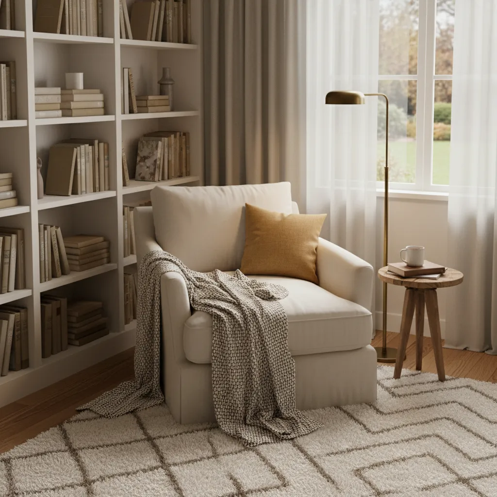 Comfortable reading nook with lounge chair blanket and lamp