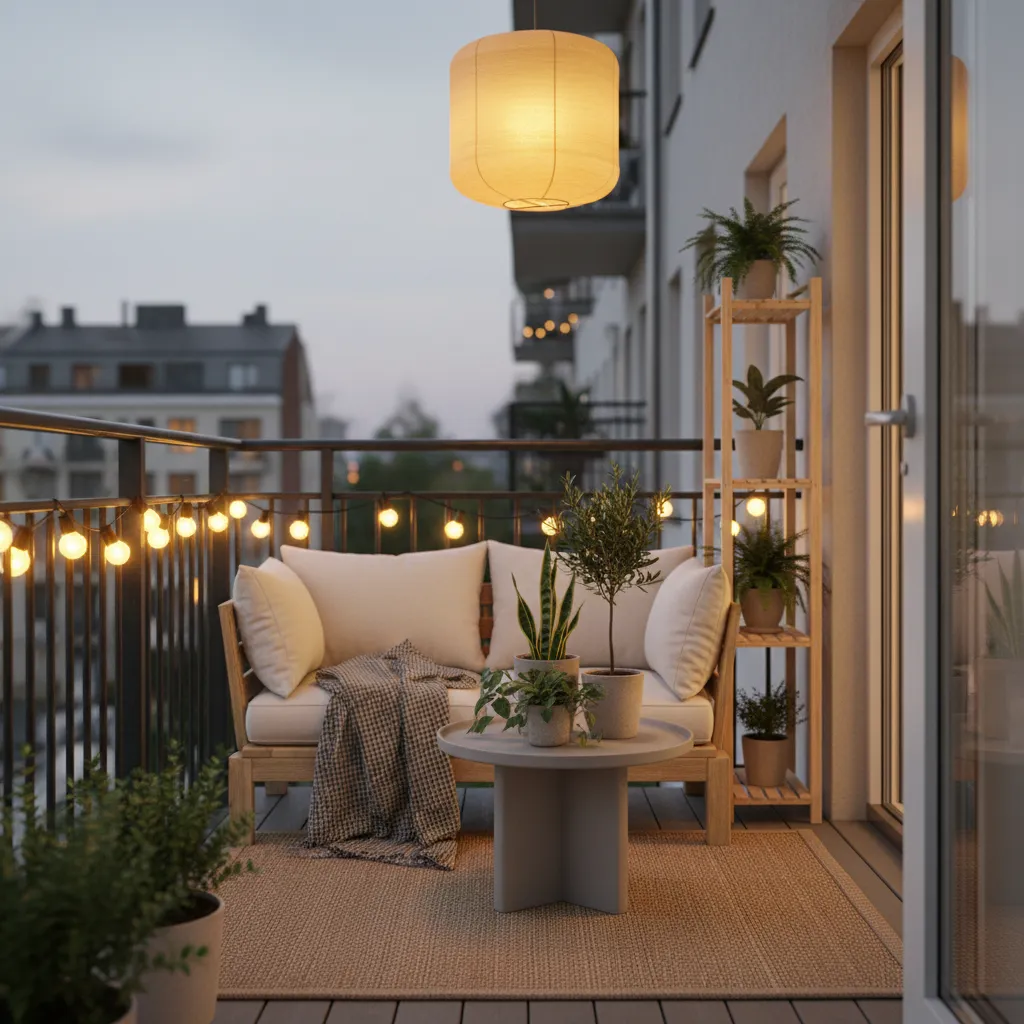 Cozy small balcony with string lights and seating area