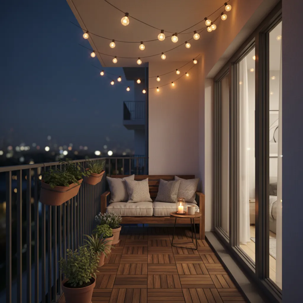 Cozy narrow balcony with warm string lighting and seating