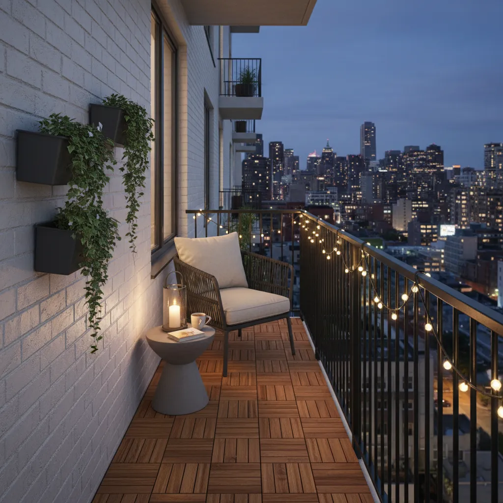 cozy narrow balcony with string lights wood deck tiles and plants