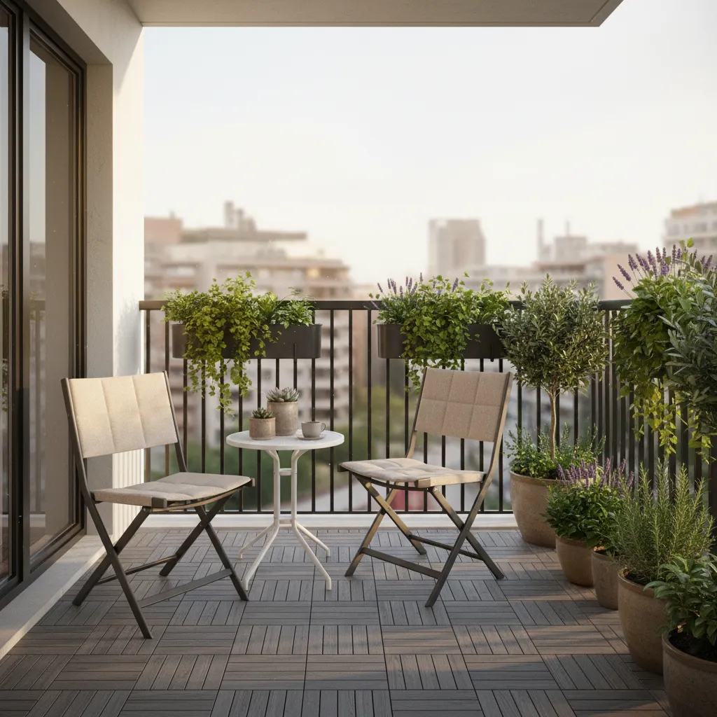 Small cozy apartment balcony with compact seating and plants