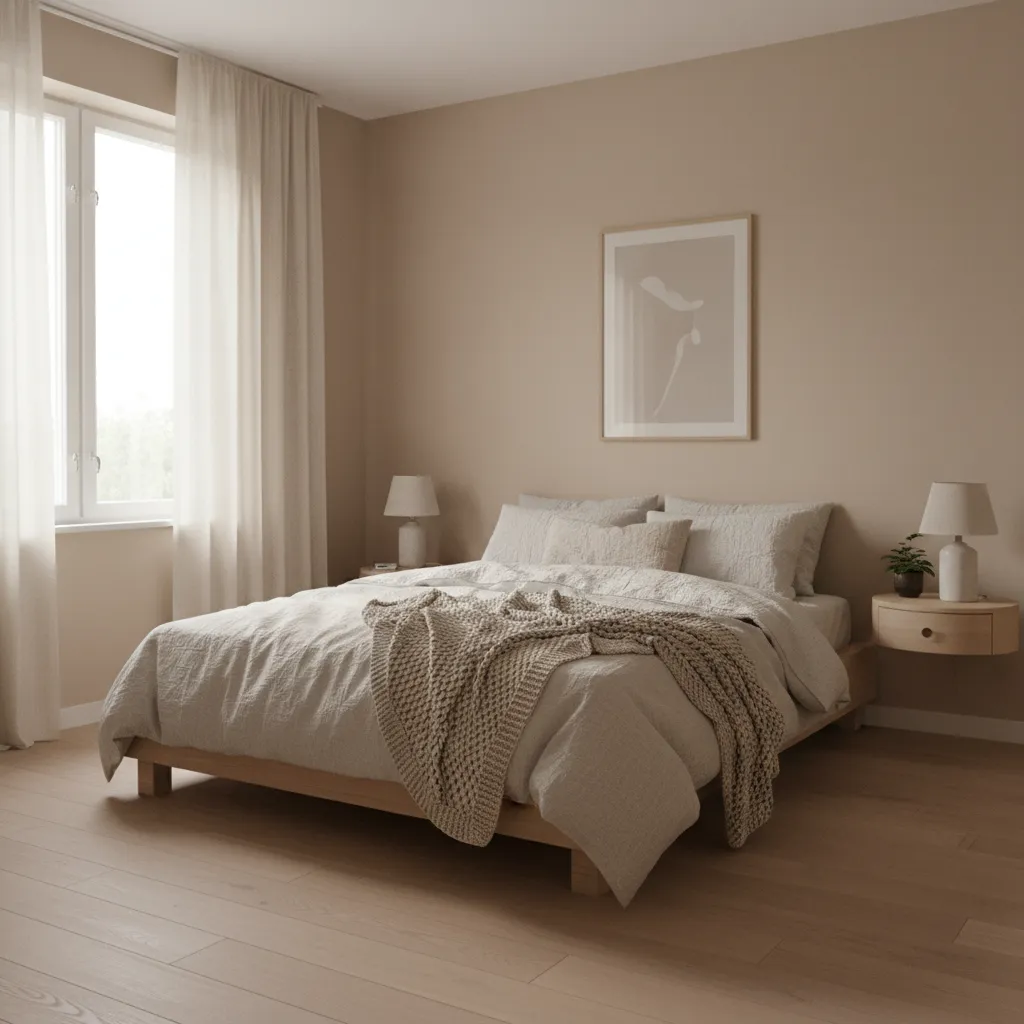 Cozy small bedroom with neutral decor and minimal furniture