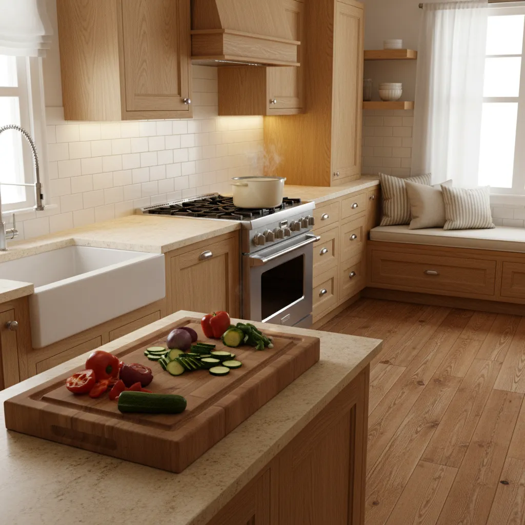 Home kitchen with vegetables being prepped next to a simmering soup pot