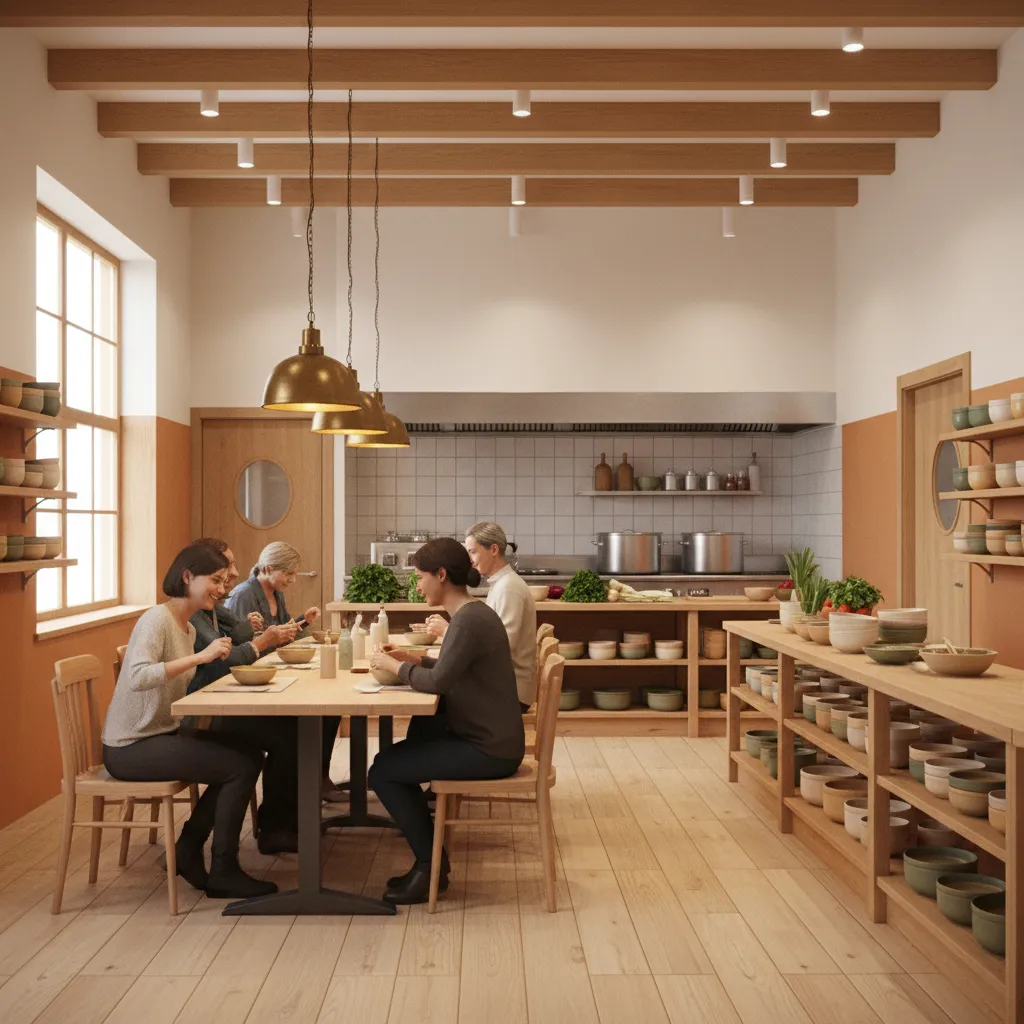 warm cozy soup kitchen interior with soft lighting and visible cooking area