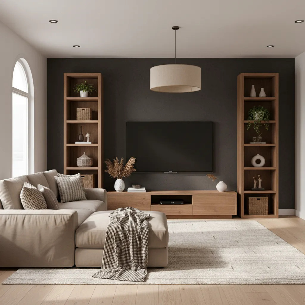 Cozy living room with balanced TV wall color palette