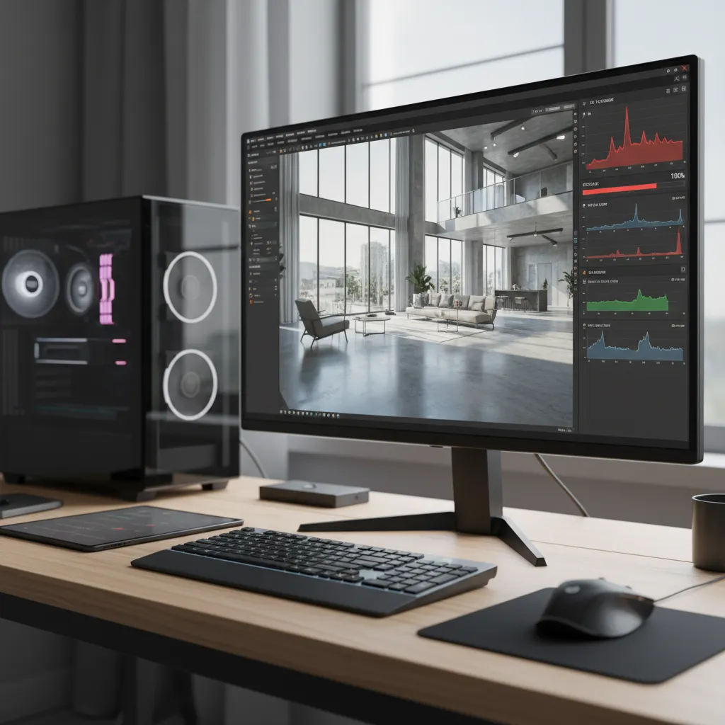 Computer workstation showing CPU usage at 100 percent during rendering workload