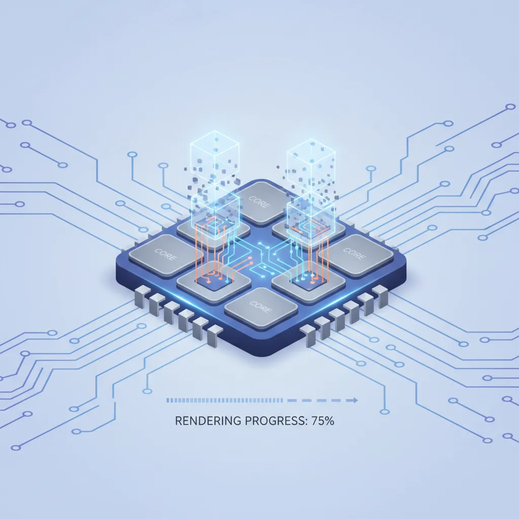 Illustration showing CPU cores processing rendering tiles